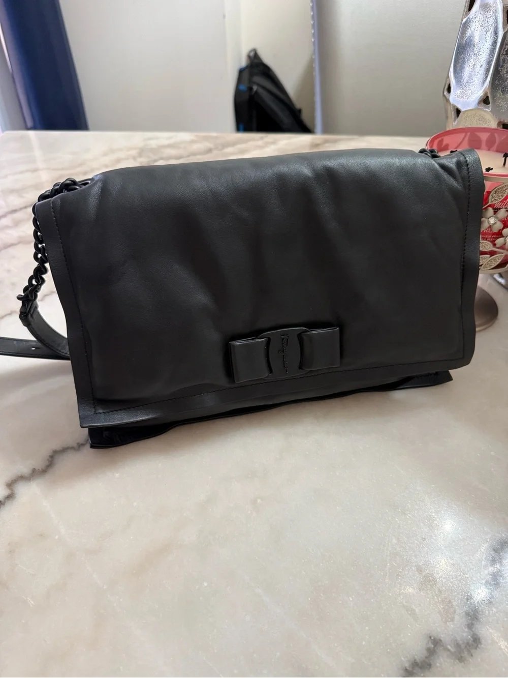 Salvatore Ferragamo Black Leather Messenger Bag with Signature Bow